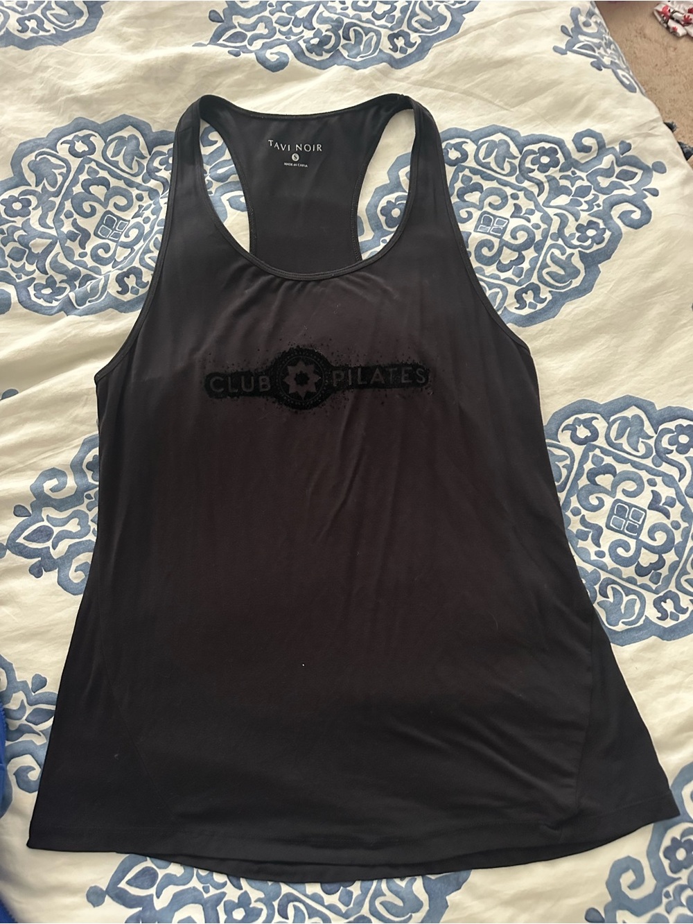 Tavi Noir Black Racerback Tank with Club Pilates Detail